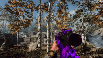 Person Holding Purple Sniper Rifle In Forest GIF