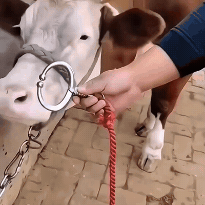 Person Holding Red Leash Around Cow GIF