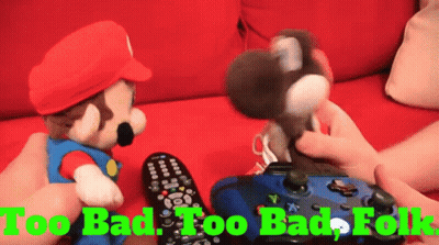 Person Holding Remote Beside Stuffed Mario And Yoshi GIF