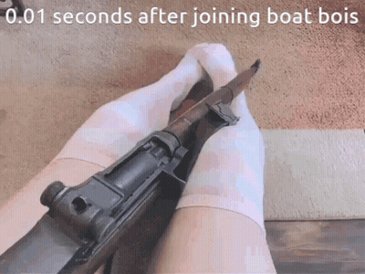 Person Holding Rifle 0.001 Seconds After Joining Boat Bois GIF