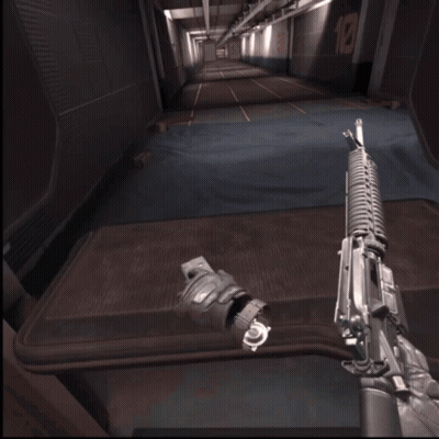 Person Holding Rifle in Hallway With E1 Sign