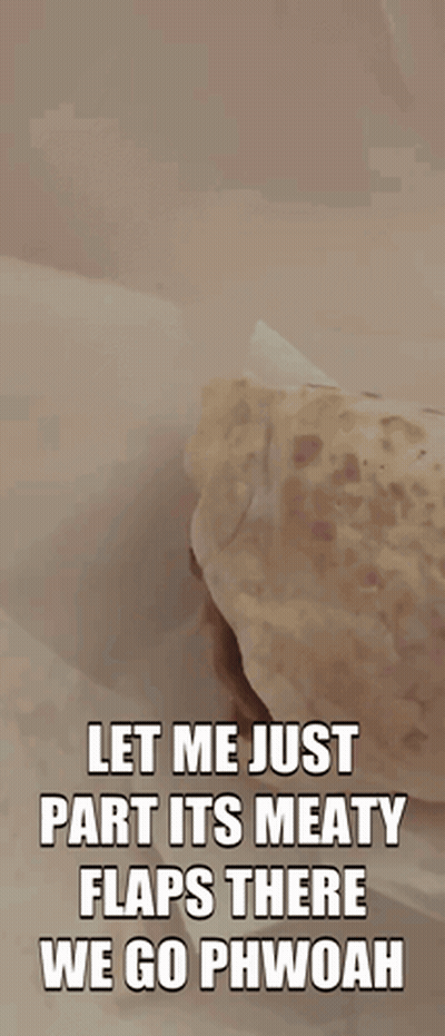 Person Holding Sandwich Let Me Just Part Its Meaty Flaps GIF