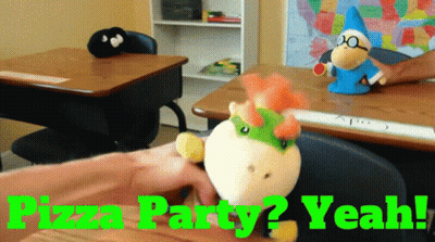 Person Holding Stuffed Animal In Front Of Pizza Party Sign GIF