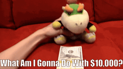 Person Holding Stuffed Animal Next To $10,000 Bill Saying What Am I Gonna Do GIF