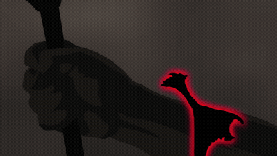 Persona sosteniendo una espada en una habitación oscura con luz roja GIF