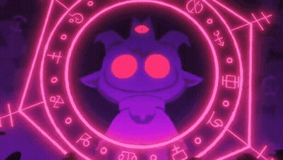 Person Holding Sword In Front Of Purple Demon With Third Eye GIF