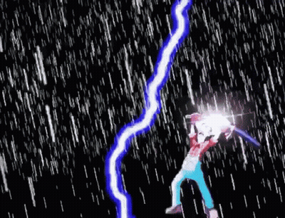Person Holding Sword Struck By Lightning In Rain GIF