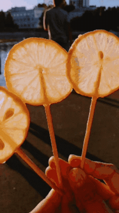 Person Holding Three Lemon Slices On Sticks GIF