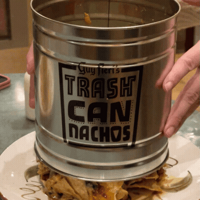 Person Holding Trash Can Saying Trash Can Nachos GIF