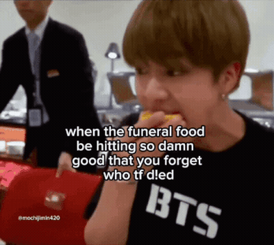 Person In Black BTS Shirt Eating Food GIF