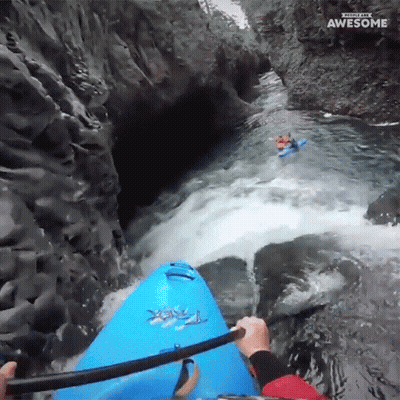Person In Blue Kayak Going Down Waterfall Saying Awesome GIF