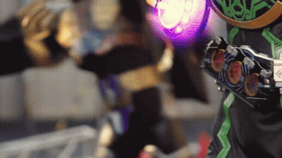 Person In Costume With Purple Light From Belt GIF