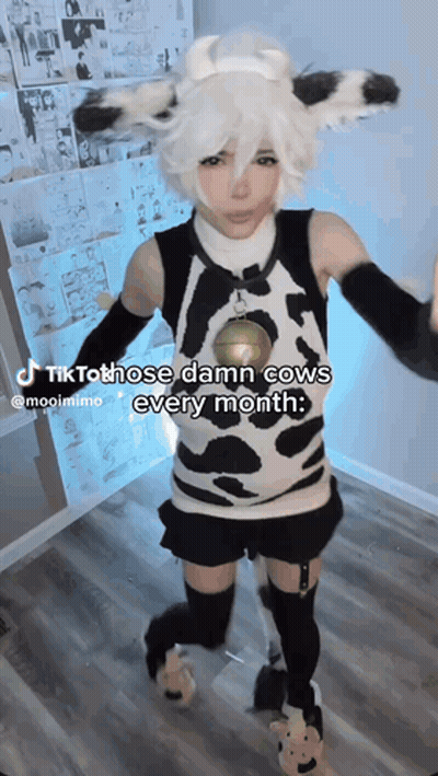Person In Cow Costume With Bell Says TikTok Those Damn Cows Every Month GIF