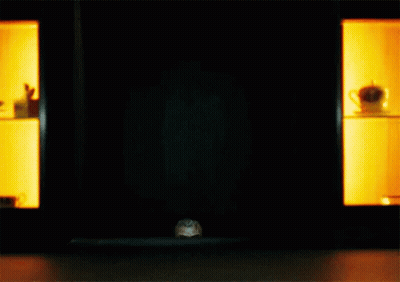 Person In Dark In Front Of Shelf With Cup GIF