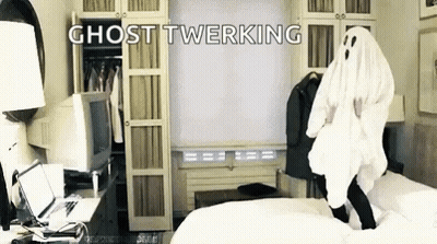 Person In Ghost Costume Jumping On Bed GIF