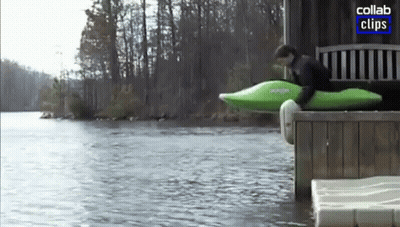 Person In Green Kayak On Dock With Collab Clips Logo GIF