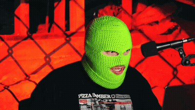 Person In Green Ski Mask And Pizza Bomber T-Shirt GIF
