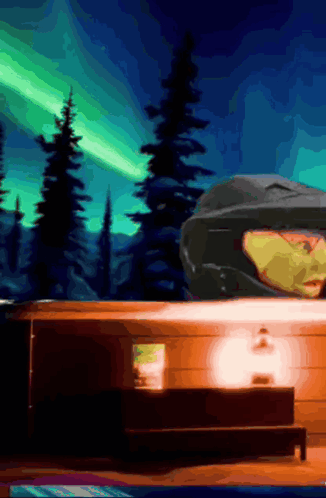 Person In Helmet Under Northern Lights GIF