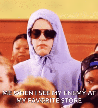 Person In Hoodie And Sunglasses Says Me When I See My Enemy At My Favorite Store GIF
