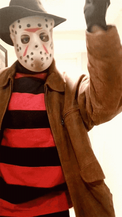 Person In Jason Mask And Freddy Outfit GIF