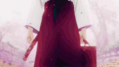 Person In Kimono Holding Sword Near Cherry Blossom Tree GIF