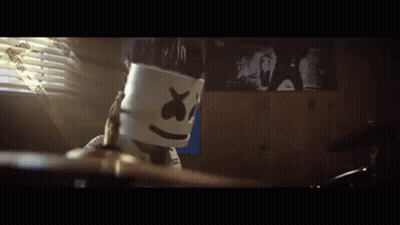 Person In Marshmello Mask Playing Drums In Bedroom GIF