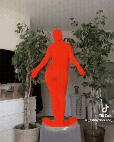 Person In Orange Bodysuit Standing In Front Of Trees GIF