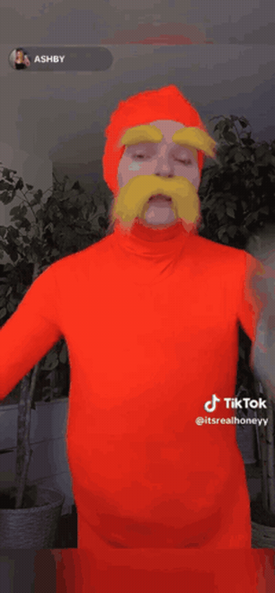 Person In Orange Costume Holding Microphone And Yellow Mustache GIF
