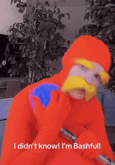 Person In Orange Costume Saying I Didn't Know I'm Bashful GIF