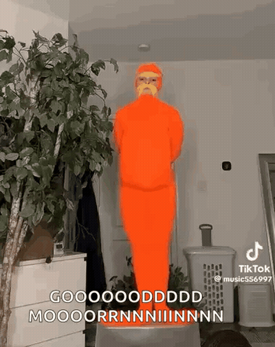 Person In Orange Costume Standing By Plant GIF