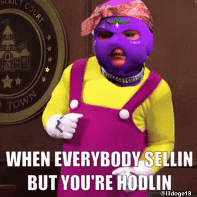 Person In Purple Mask And Overalls Saying When Everybody Sellin But You're Hodlin GIF