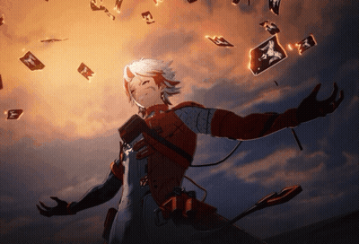 Person In Red And White Outfit Before Cloudy Sky With Falling Cards GIF