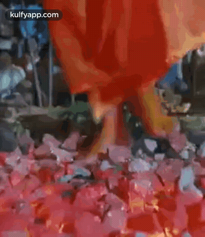Person In Red Dress Among Red Flowers GIF