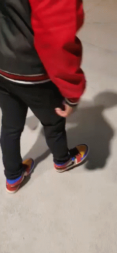 Person In Red Jacket And Black Jeans On Sidewalk GIF