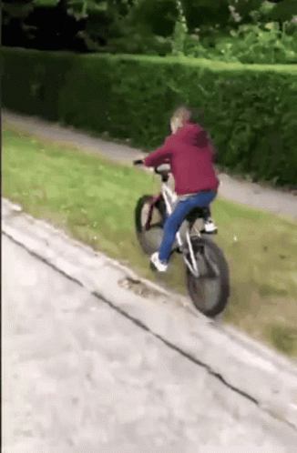 Person In Red Jacket Riding Bicycle Down Grassy Hill GIF