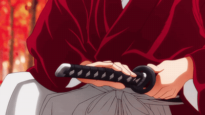 Person In Red Kimono Holding Black Sword GIF