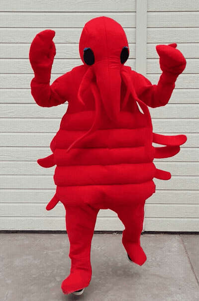 Person In Red Lobster Costume In Front Of Garage Door GIF