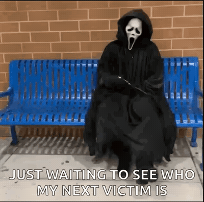 Person In Scream Mask Sitting On Blue Bench GIF
