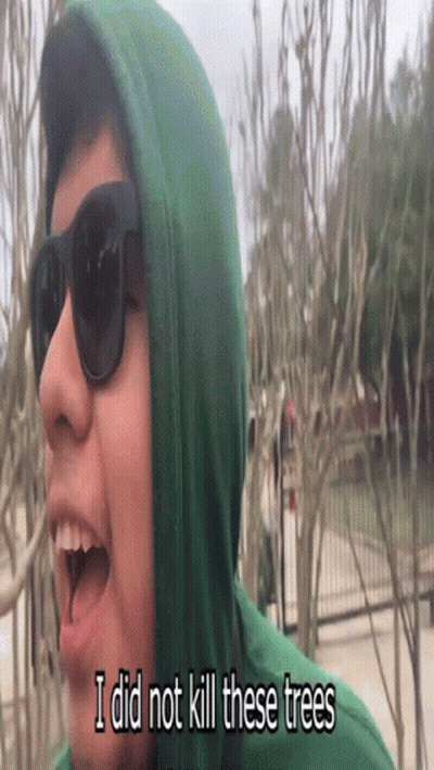 Person in Sunglasses and Green Hoodie Saying I Did Not Kill These Trees