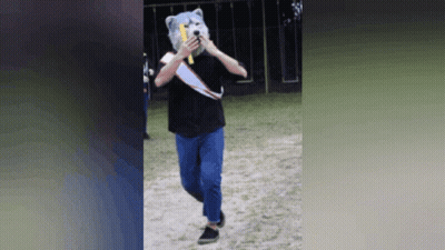Person In Teddy Bear Mask Holding Banana GIF