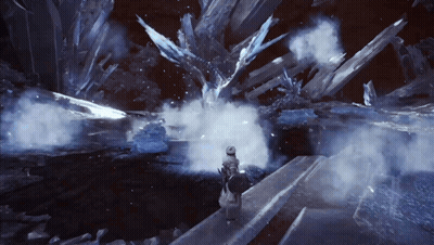 Person In Video Game Next To Giant Ice Sculpture GIF