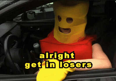 Person In Yellow Mask Car Alright Get In Losers GIF