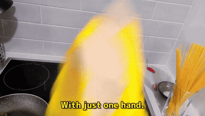 Person In Yellow Shirt Cooking Says With Just One Hand GIF