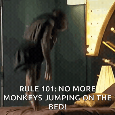 Person Jumping On Bed Saying No More Monkeys GIF