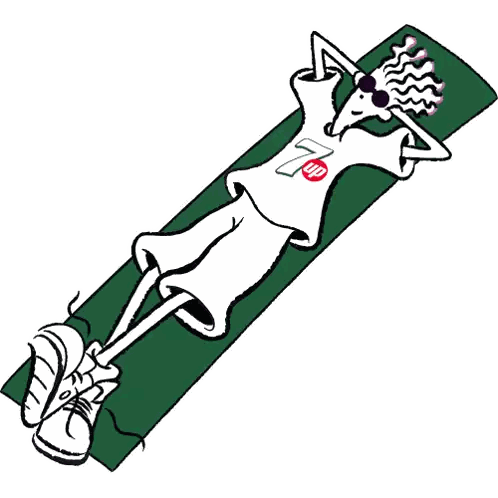 Person Laying On Green Mat With 7 Up Shirt Sticker