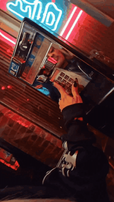 Person Looking At Reflection In Mirror With Neon Ice Cream Sign GIF