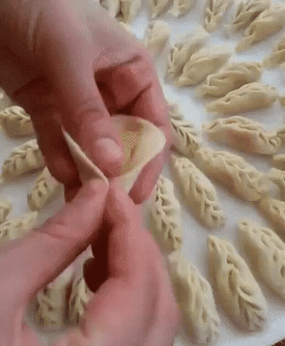 Person Making Dumpling With Leaf Pattern GIF