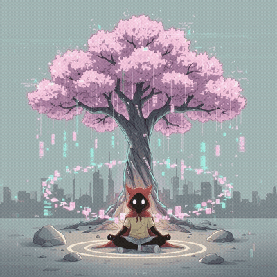 Person Meditating Under Cherry Blossom Tree GIF