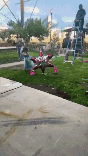 Person On Ladder In Park With Piñata GIF