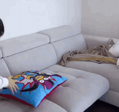 Person Placing Pillow On Couch With Cartoon Character GIF